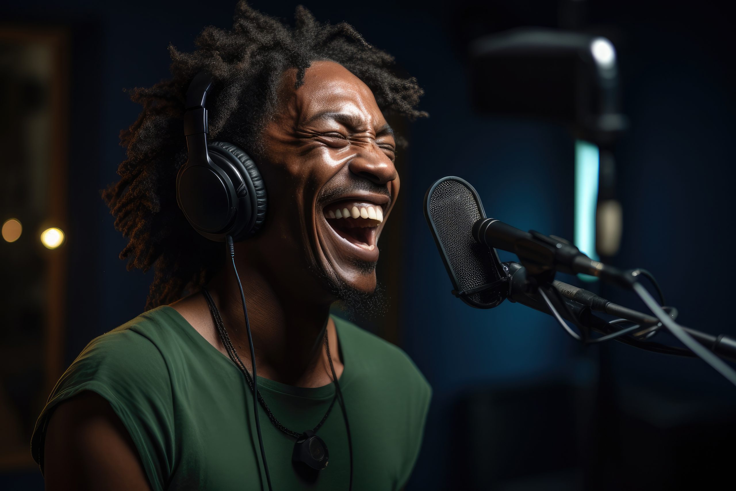 A man wearing headphones sings passionately into a microphone, capturing a moment of musical expression.